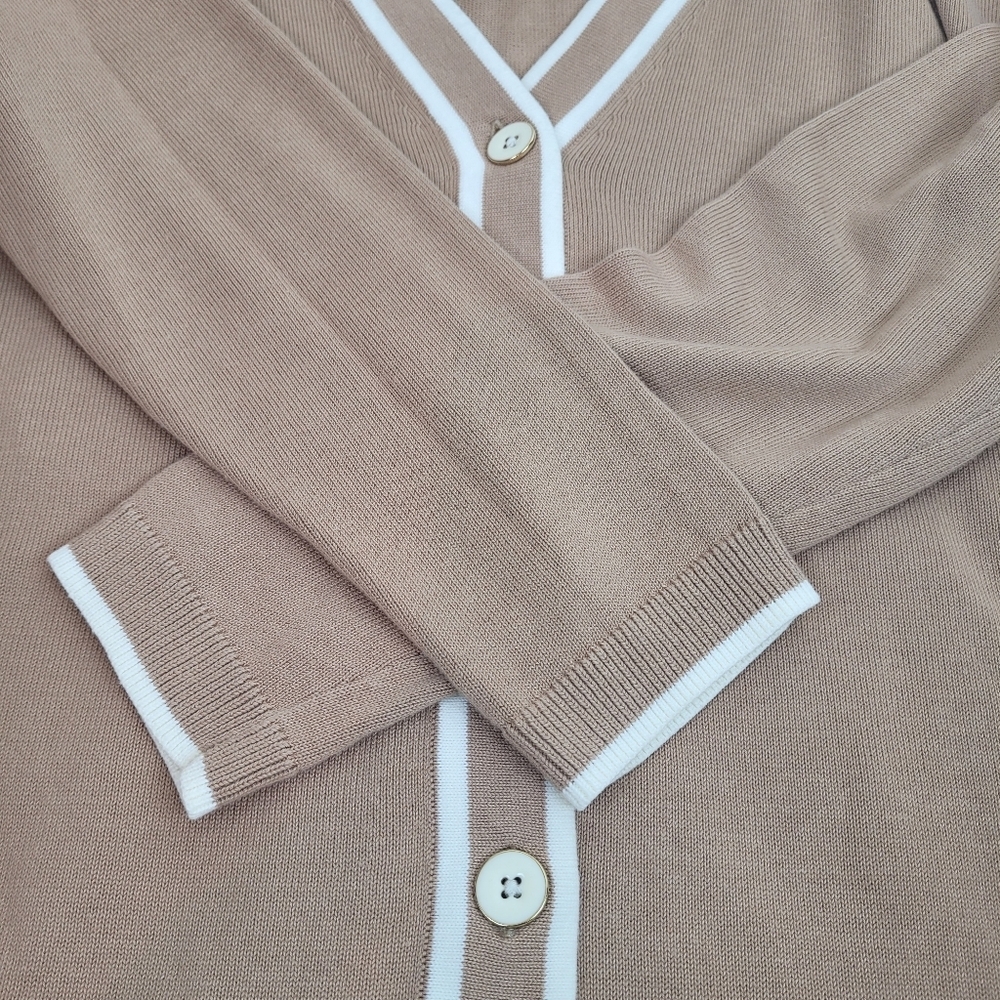 Talbot's girlfriend varsity tan cardigan white trim preppy normcore academia S - Picture 7 of 11